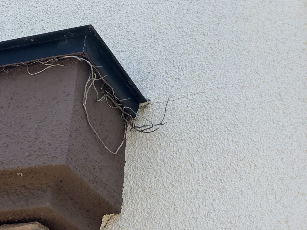 【外壁に発生したクラック】<br />
<br />
外壁にはクラックと呼ばれるひび割れも確認されました。<br />
クラックは幅や深さ、発生位置によって注意すべき程度が異なります。表面だけの細かなひび割れもあれば、外壁内部への雨水の侵入経路となるものもあります。<br />
特に石川県のように雨や雪の影響を受ける地域では、ひび割れの状態を確認することが大切です。<br />
塗装だけですべてのクラックを改善できるわけではないため、ひび割れの程度に応じて適切な補修方法を判断する必要があります。